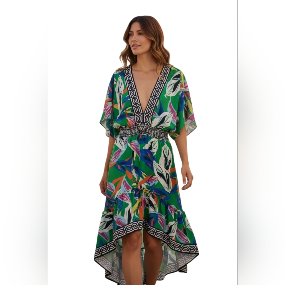 Flying Tomato Dress V-Neck Hi-Lo Floral Elasticized Waist Flowy Tropical Print - Picture 12 of 13